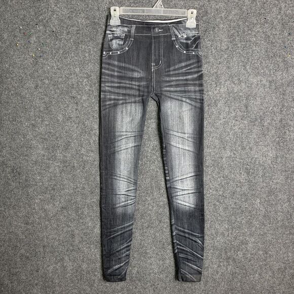 Unbranded Printed Jeggings Leggings S Faux Denim Distressed Black Stretch Real - Picture 1 of 9